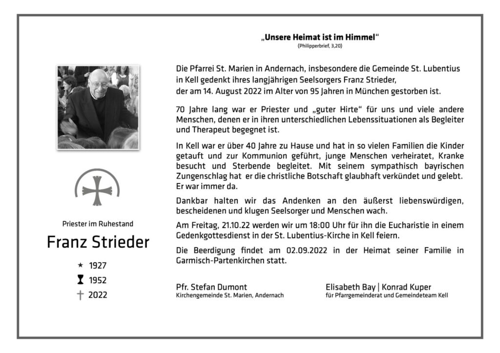 Traueranzeige Pfarrer Franz Strieder