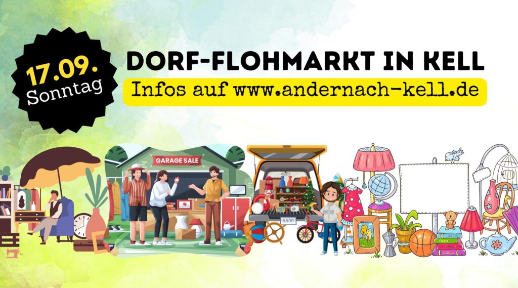 Veranstaltungsbanner Dorf-Flohmarkt Kell, mit Datum und Webadresse sowie vielen Abbildungen von Trödelständen