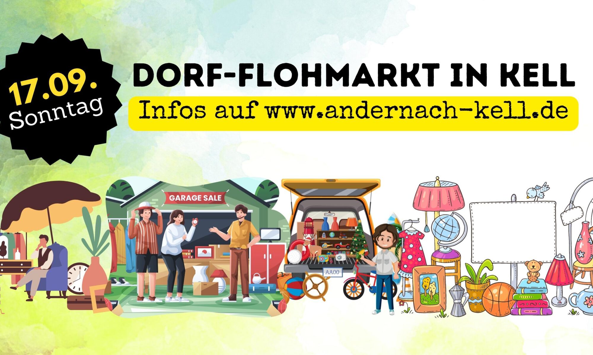 Veranstaltungsbanner Dorf-Flohmarkt Kell, mit Datum und Webadresse sowie vielen Abbildungen von Trödelständen
