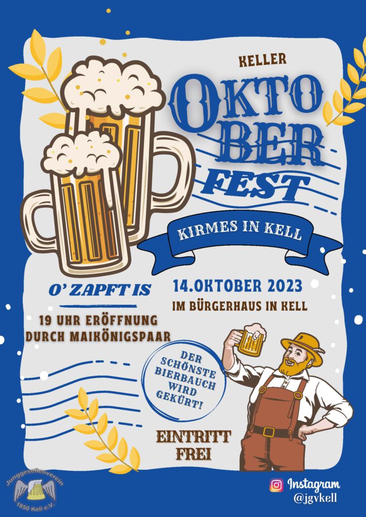 Plakat zur Oktoberfest Kirmes in Kell. Bierkrüge und Mann mit Bierbauch.