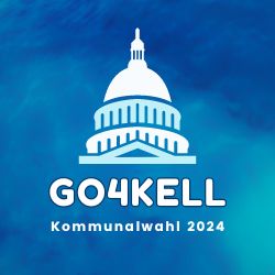 Logo zur Kommunalwahl 2024. Ein Kapitol vor bläulichem Hintergrund und der Schriftzug "Go4Kell Kommunalwahl 2024"