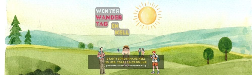 Sonnige hügelige Landschaft mit Wanderern. Textinformation zum Winterwandertag in Kell 2024.