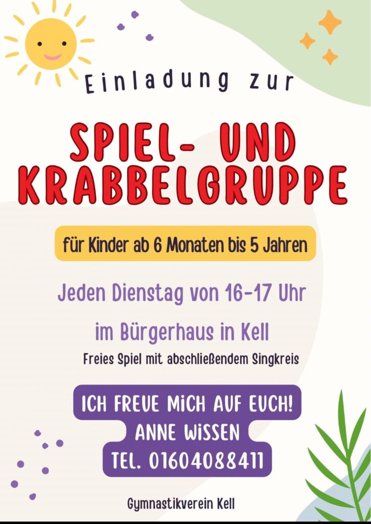 Veranstaltungsflyer des Gymnastikverein Kell für sein Angebot einer Spiel- und Krabbelgruppe.