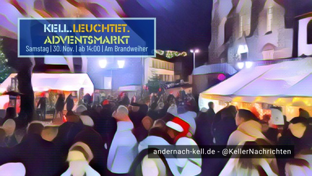 Kell Leuchtet - Adventsmarkt 2024 in Kell. Menschen und buntes treiben an Ständen vor St. Lubentius in Kell.