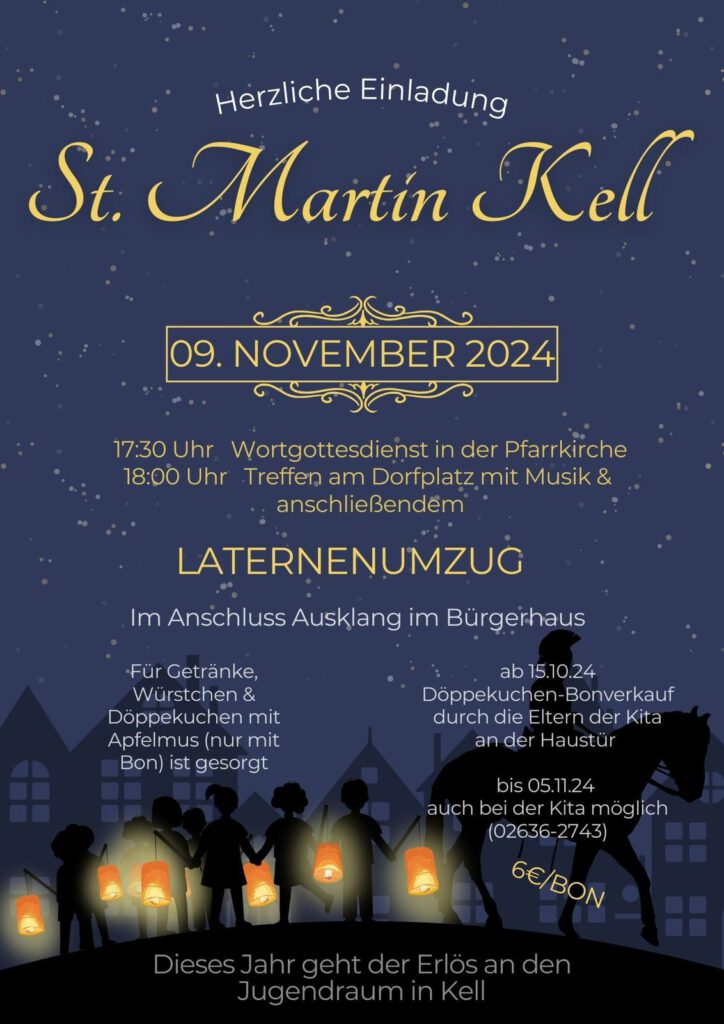 Plakat zu St. Martin in Kell 2024 mit den Veranstaltungsdaten. Tiefblauer dunkler Himmel, Häusersilhoutte und Kinder mit Laternen und St. Martin im Vordergrund