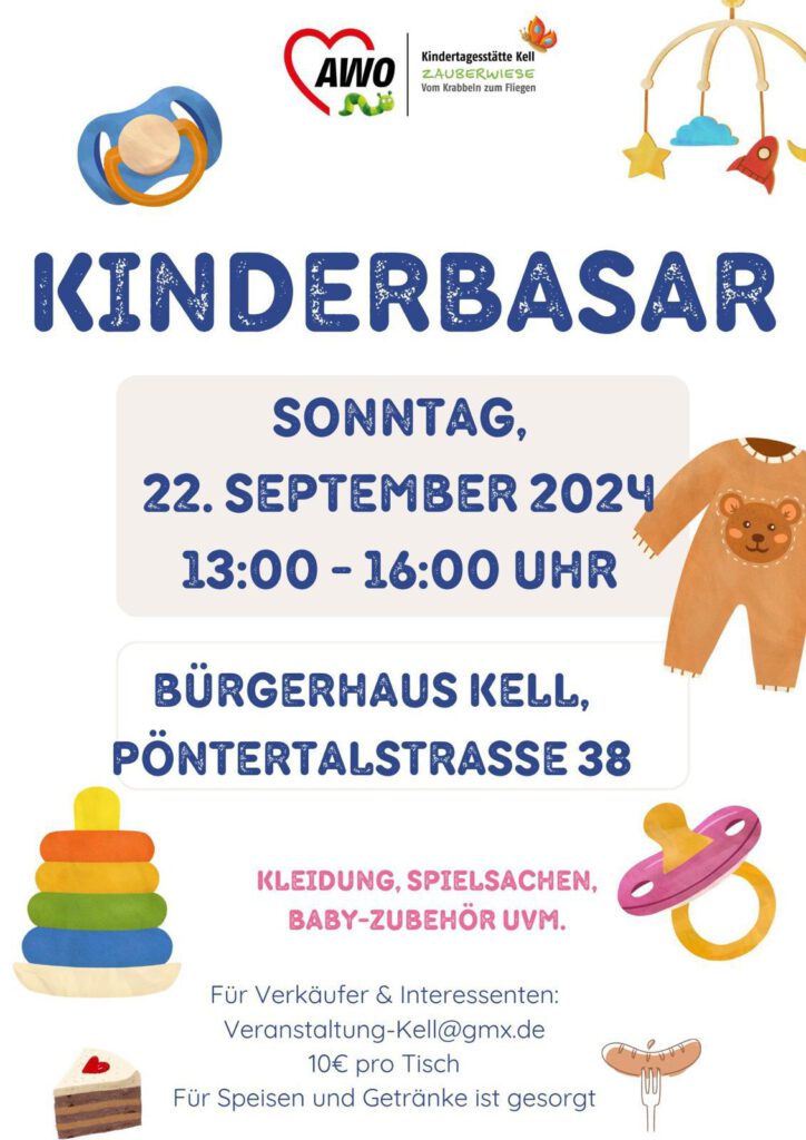 Veranstaltungsplakat für den Kinderbasar in Kell am 22. September 2024.
Veranstaltungsdetails und Kinderspielsachen auf weißem Grund.