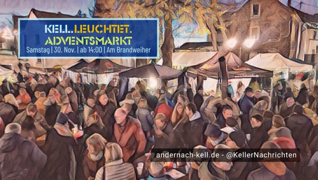 Adventsmarkt in Kell. Menschen streifen entlang von Weihnachtsbuden am Fuße von St. Lubentius.