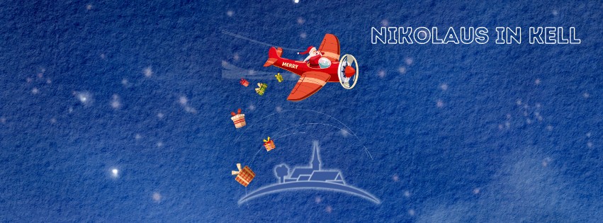 Nikolaus im Flugzeug über Kell, wirft Geschenk ab.