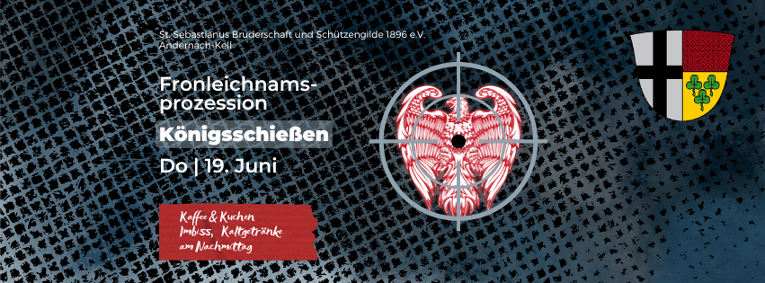 Veranstaltungsbanner Königsschießen des Schützenverein. Stilisierter Adler im Fadenkreuz, Wappen von Kell, dunkler Hintergrund mit Sackleinenstruktur