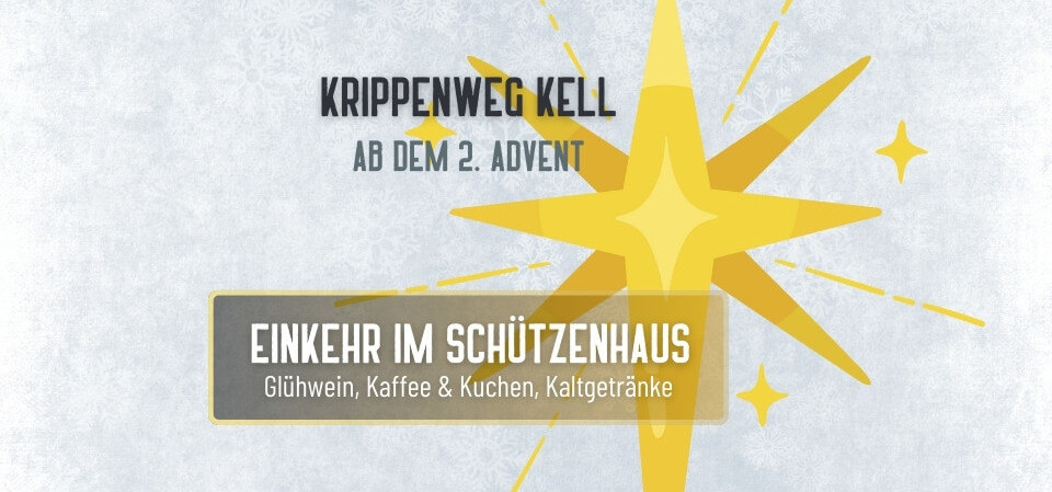 Veranstaltungsbanner Einkehr Krippenweg Kell. Veranstaltungsdaten. Heller Hintergrund mit Eiskristallen und einem großen hellgelben Stern.