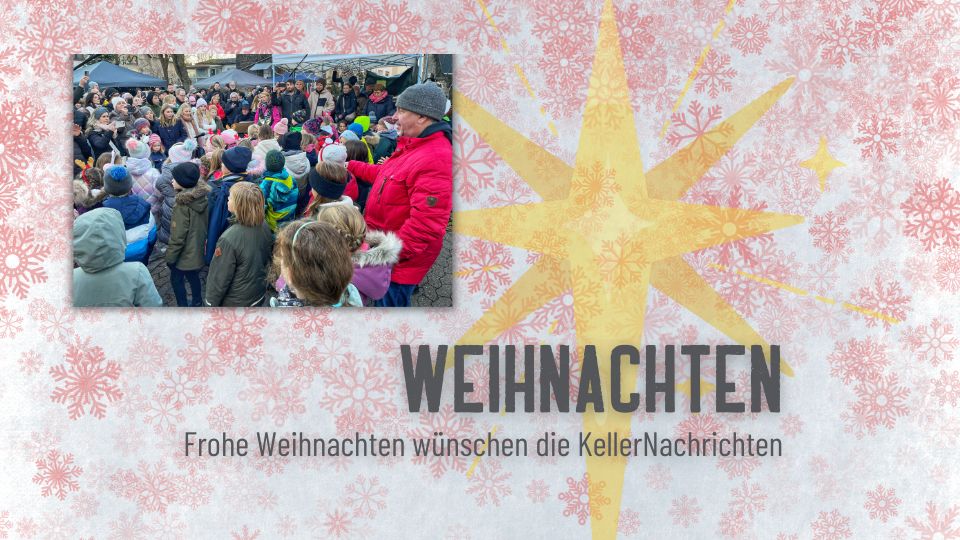 Blogbeitrag Banner Frohe Weihnachten 2024 mit einem großen gelben Stern und einem Bild vom Adventsmarkt Kell