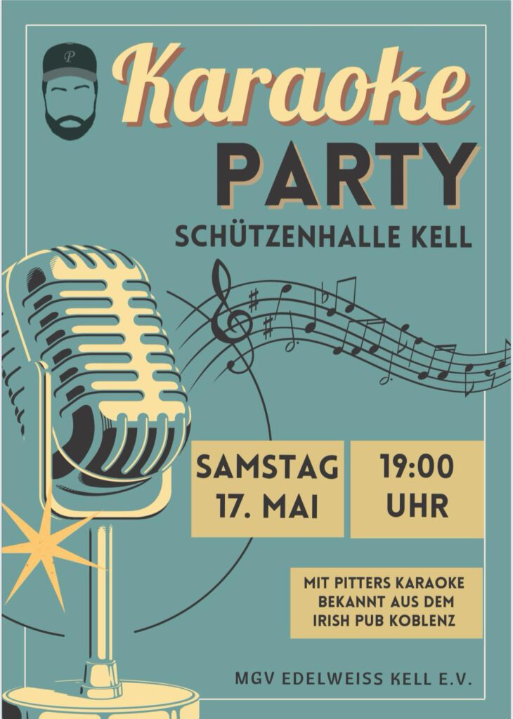 Karaoke Party in Kell - Veranstaltungsplakat ... mit einem Mikrofon, beschwingte Noten und DJ Gesicht.