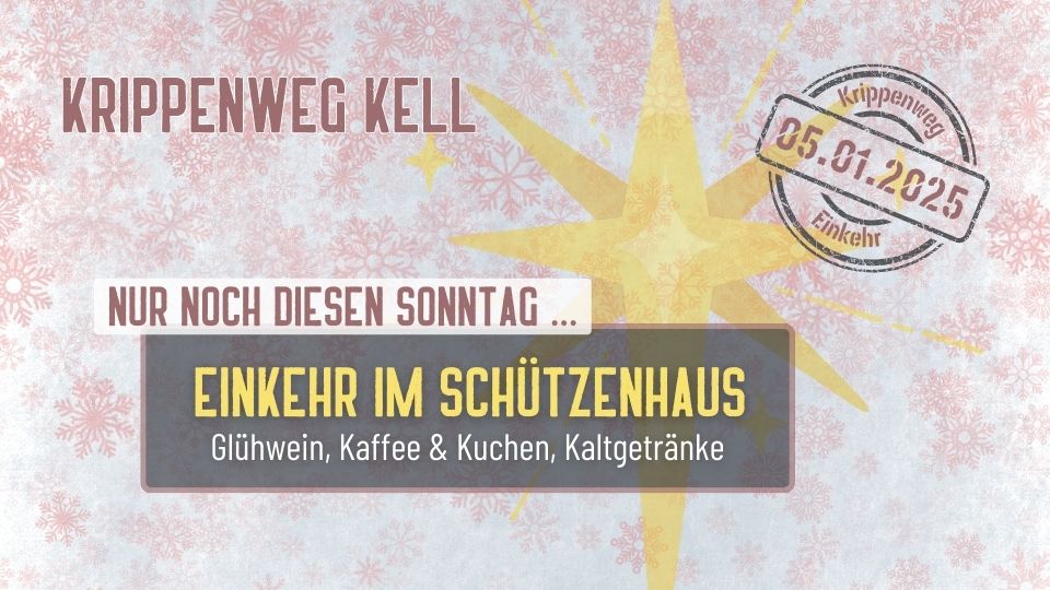 Krippenweg Einkehr Kell. Rosa Schneeflocken im Hintergrund, ein großer gelber Stern und der Bannertext.