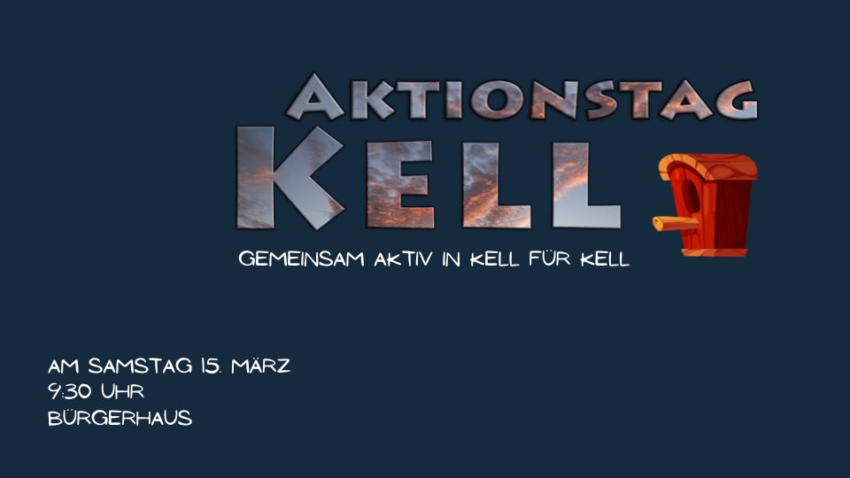 Textbanner Aktionstag Kell 2025 mit dunkelblauem Hintergrund und Vogelhäuschen