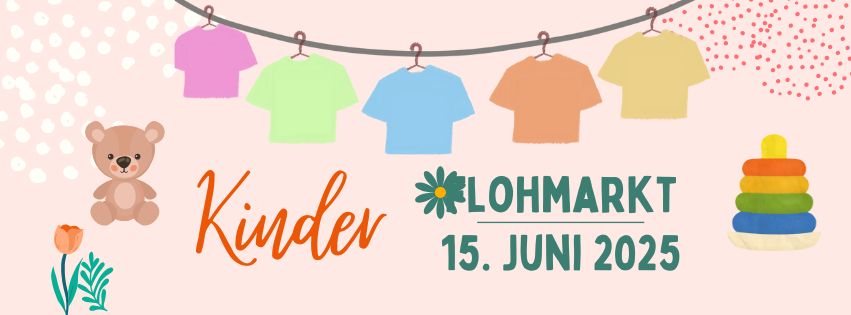 Kinder-Flohmarkt in Kell Veranstaltungsbanner. Rosa Hintergrund, Spielzeug, Wäscheleine mit Kinderkleidung