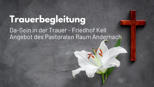 Banner Trauerbegleitung - Friedhof Kell. Rotes Kreuz auf dunklem Grund, daneben eine weisse Blüte
