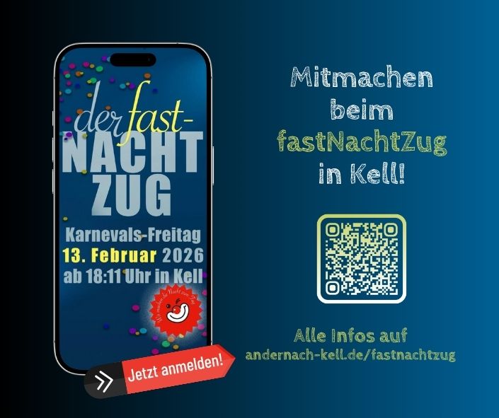 Mitmachen beim fastNachtZug in Kell 2026. QR-Code auf die Webseite mit Informationen, links ein Smartphone mit dem Veranstaltungsplakat, rechts der Text Mitmachen inkl. QR Code