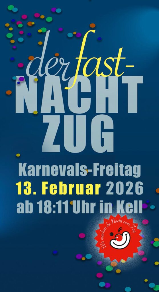 Plakat fastNachtZug Kell 2026. Blauer Hintergrund mit dem Schriftzug fastNachtZug, Konfetti  und den Veranstaltungsdaten