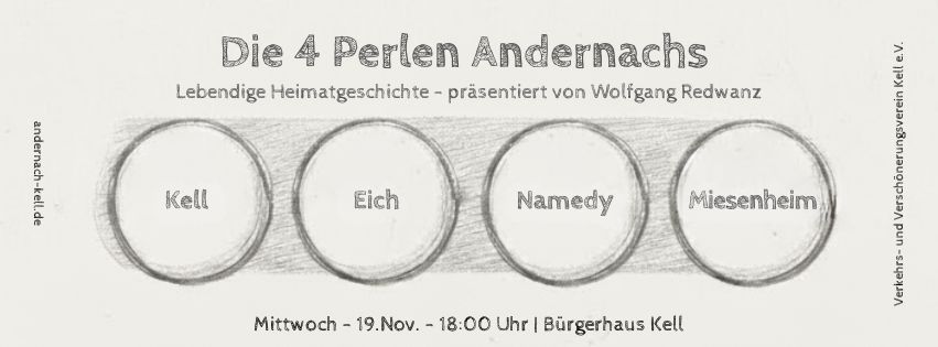 Veranstaltungsbanner: Die vier Perlen Andernachs. Beige-grauer Hintergrund, Bleistiftzeichnung von vier Perlen, die den Namen der vier Ortsteile von Andernach tragen: Kell, Eich, Namedy, Miesenheim.