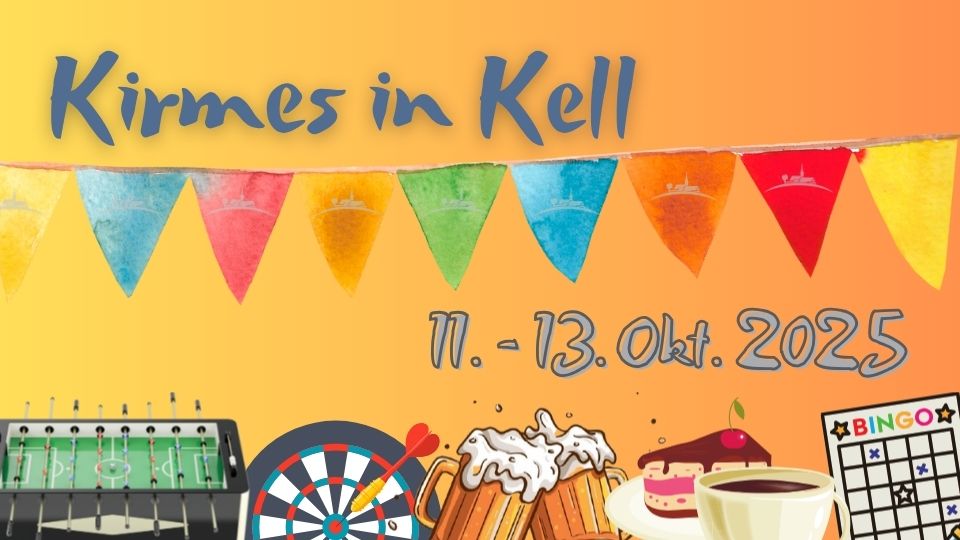 Kirmes in Kell: Gelb-orange Farbverlauf, Tischkicker, Dartscheibe, Bierkrüge, Kaffee und Kuchen, Bingokarte.