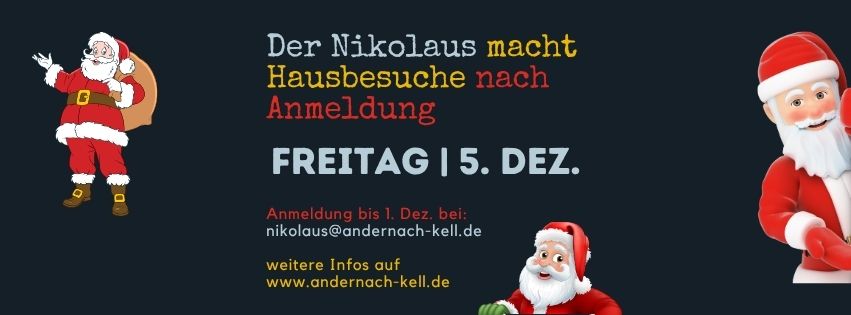 Blogbanner - Nikolaus Hausbesuche in Kell. Mehrere Nikolausfiguren auf dunklem Grund.