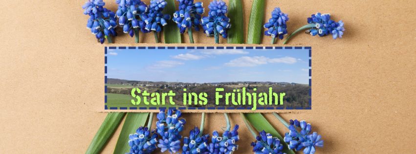 Frühjahrsbeginn Kell - Pappstreifen mit blauen Blüten und grünen Halmen - Termine in Kell im März 2026