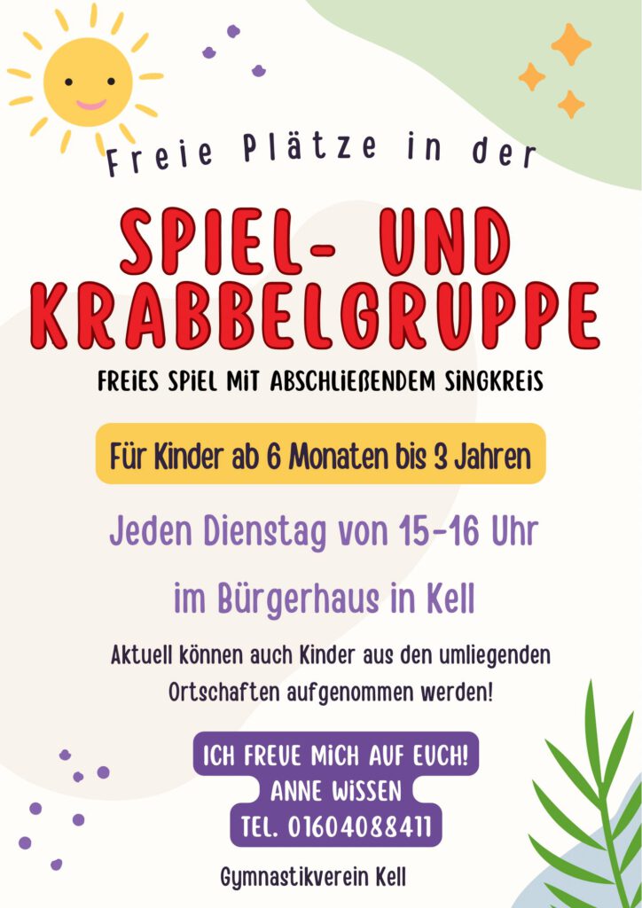 Flyer der Spiel- und Krabbelgruppe des Gymnastikverein Kell mit Veranstaltungs- und Kontaktinformationen