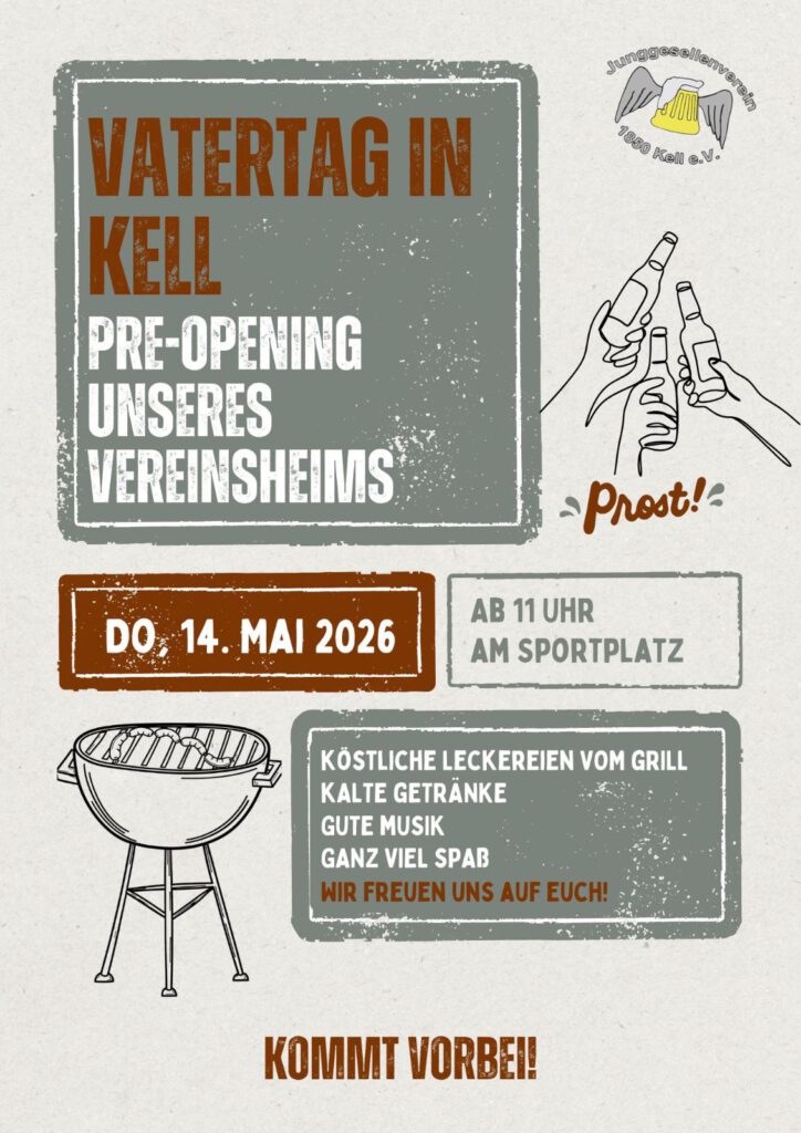 Vernastaltungplakat Vatertag 2026. Heller Hintergrund, Grill, Sich zuprostende Hände, Vereinslogo JGV, Veranstaltungsdaten