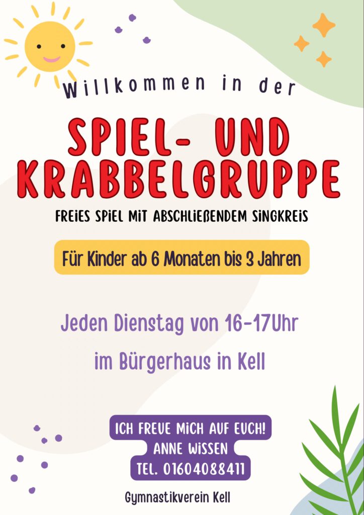 Flyer der Spiel- und Krabbelgruppe des Gymnastikverein Kell mit Veranstaltungs- und Kontaktinformationen (Stand August 2026)