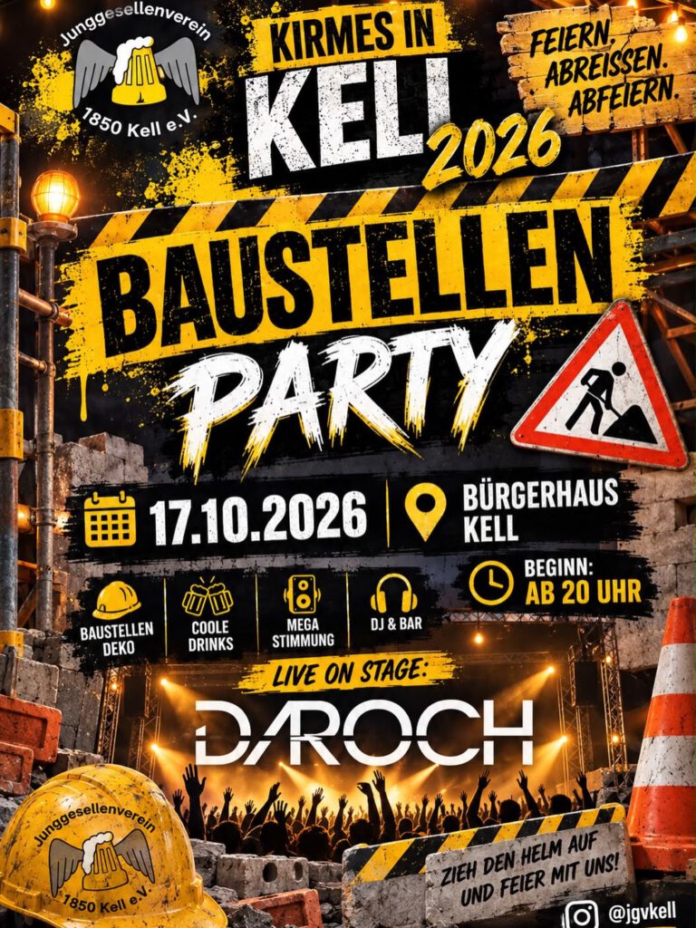 Kirmes in Kell 2026: Flyer zum Kirmesmotto Baustellenparty.