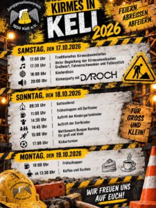 Kirmes in Kell 2026: Flyer zum Kirmesmotto Baustellenparty mit Kirmesprogramm