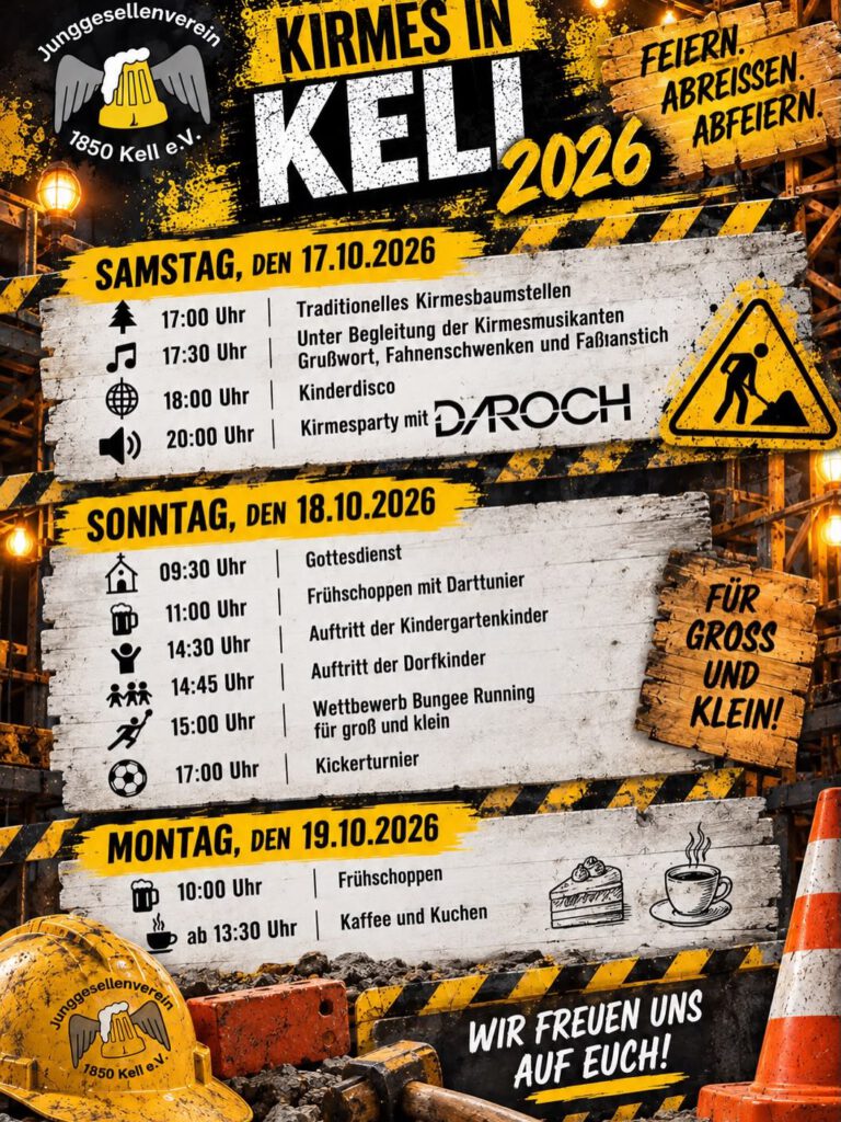 Kirmes in Kell 2026: Flyer zum Kirmesmotto Baustellenparty mit Kirmesprogramm
