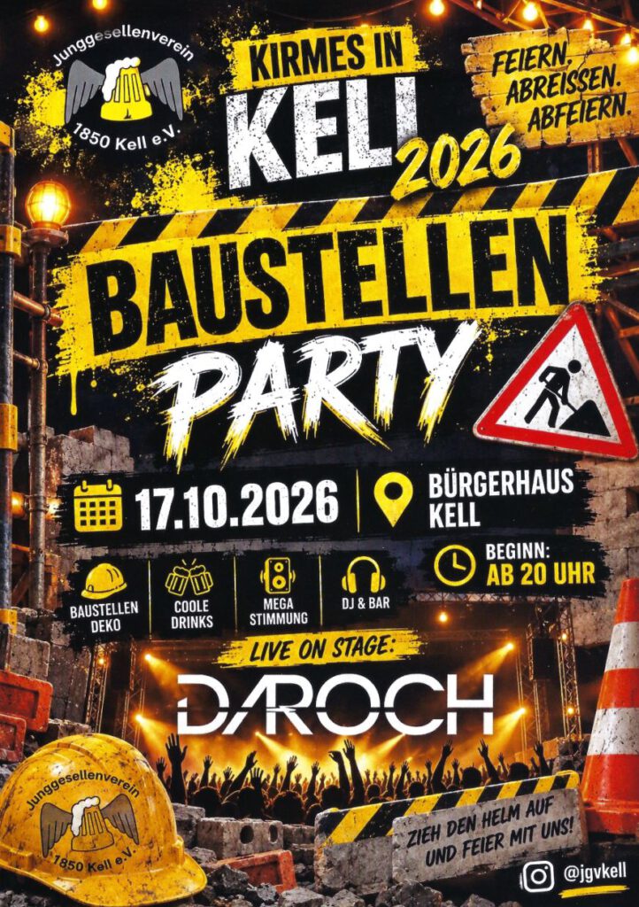 Kirmes in Kell 2026: Flyer zum Kirmesmotto Baustellenparty.