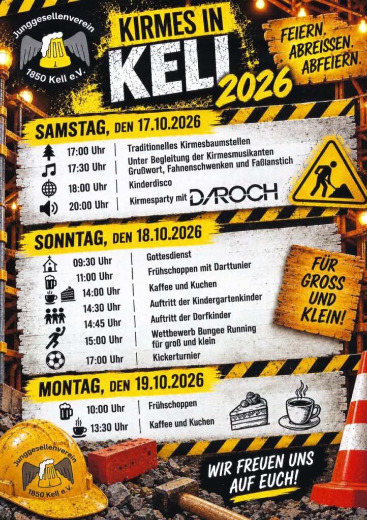 Kirmes in Kell 2026: Flyer zum Kirmesmotto Baustellenparty mit Kirmesprogramm